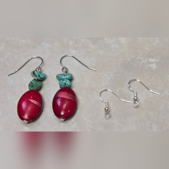 Vintage Red Bead and Turquoise Dangle Earrings Inclued Extra 925 Silver Hooks - Picture 12 of 17